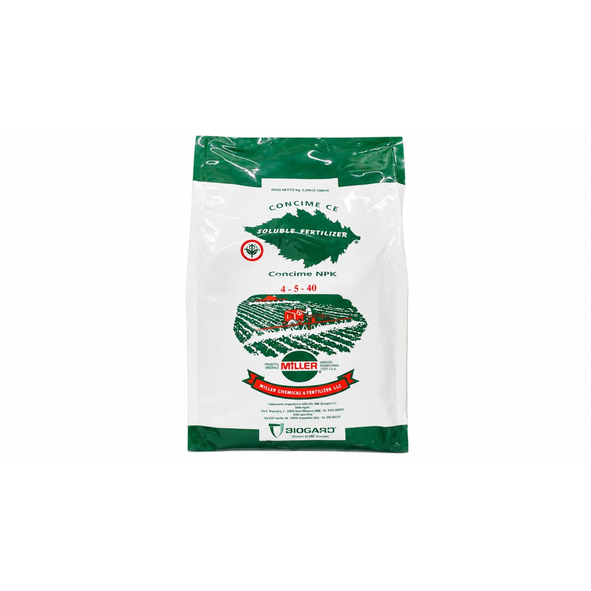 Concime Idrosolubile Miller Nutri Leaf 4-5-40 5 lbs (corrispondenti a 2.27 kg)