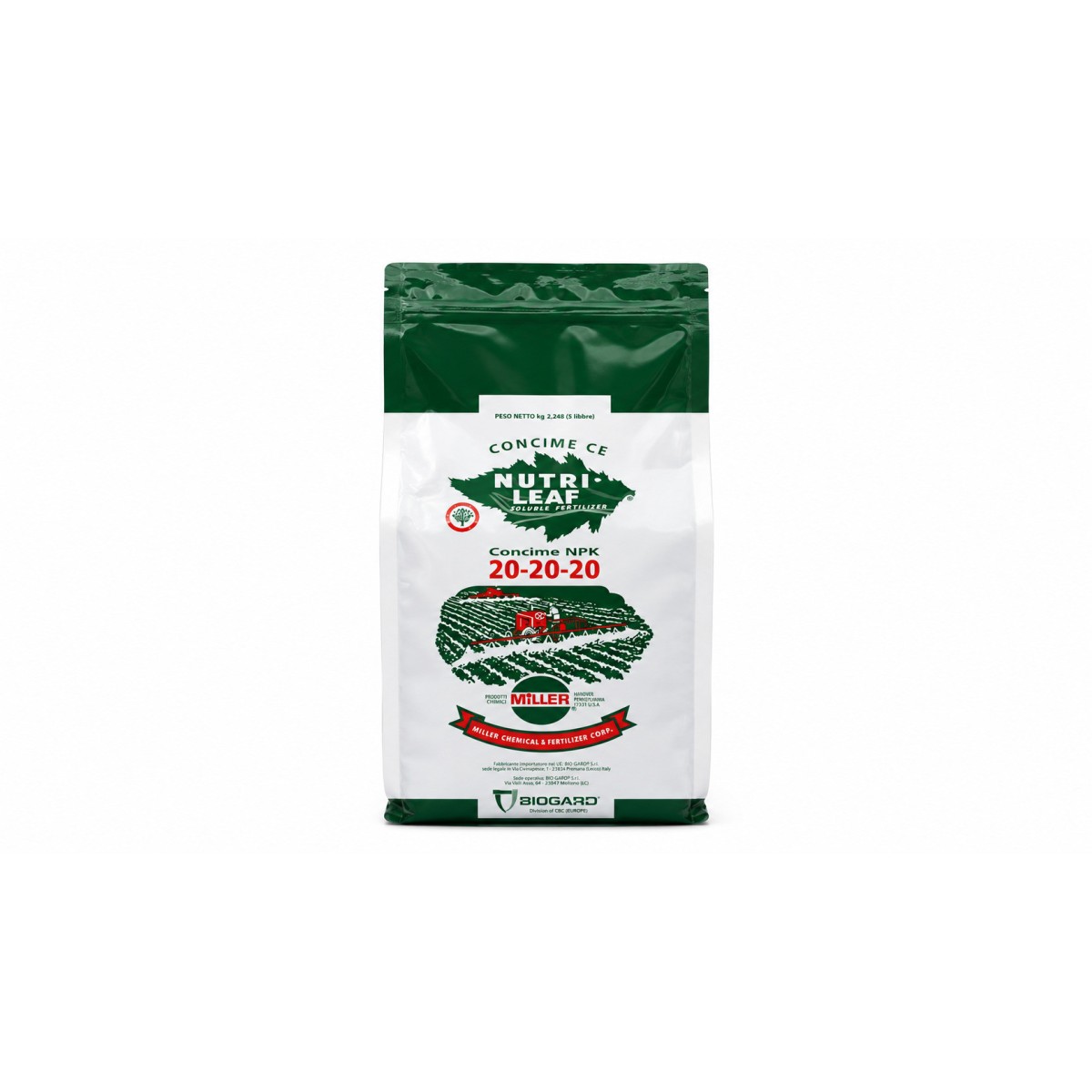 Concime Idrosolubile Miller Nutri Leaf 20-20-20 5 lbs (corrispondenti a 2.27 kg) Concime Idrosolubile Miller Nutri Leaf 20-20-20 5 lbs (corrispondenti a 2.27 kg)